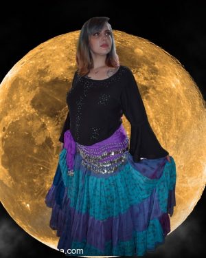 Juliet top in black sequin 1088s, Sari fabric Tiered skirt - super full nskc13, Hip Scarf standard chiffon lavender with gold coins