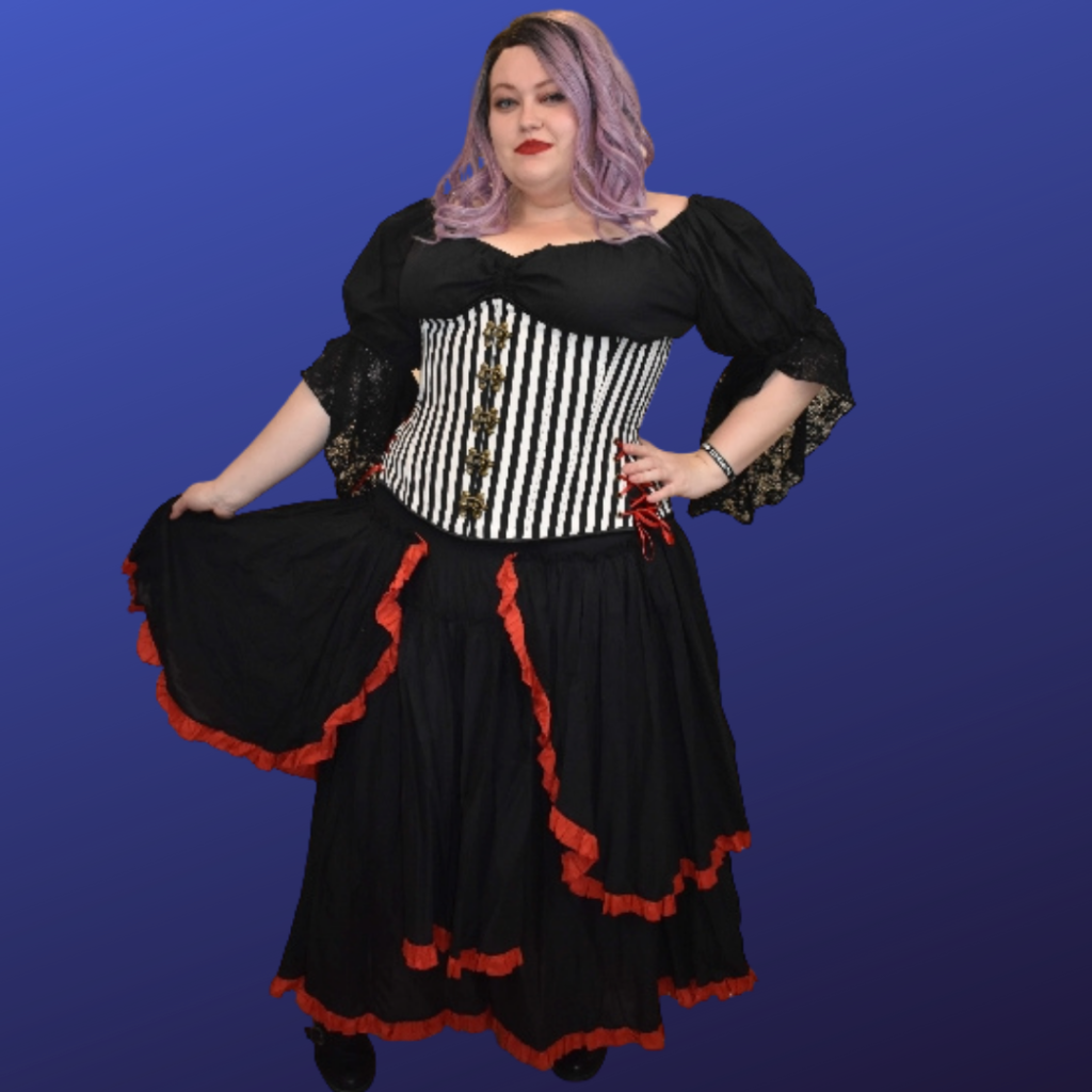 Pirate wench cotton skirt worn by Danni with a striped corset with latches and a black renaissance top