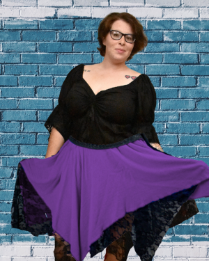 Purple Handmade Reversible, Double-sided, Adjustable skirts that go from small to 5x! Perfect for cosplay, festivals, conventions, and peasant, fairy or wench costuming.